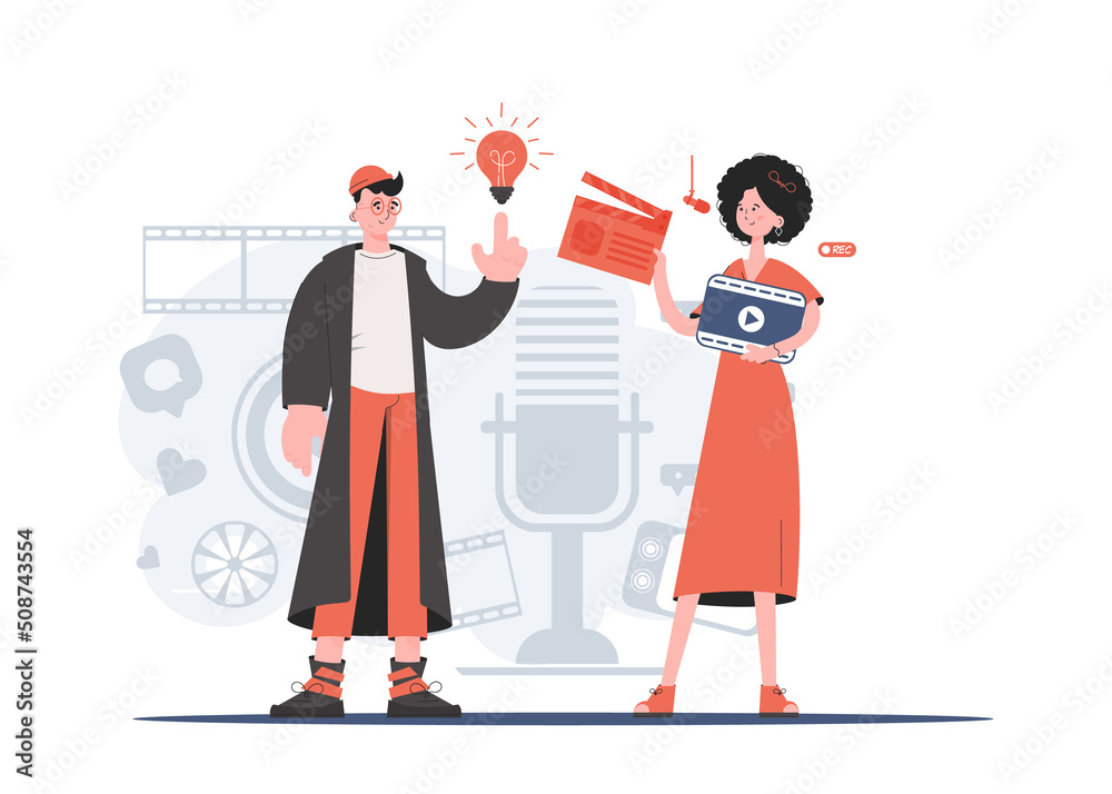A man and a woman stand to their full height and hold a movie clapperboard and a light bulb. Idea. Element for presentations, sites. A man and a woman stand to their full height and hold a movie clapperboard and a light bulb. Idea. Element for presentations, sites.
