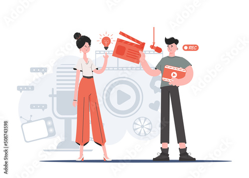 A man and a woman stand to their full height and hold a movie clapperboard and a movie screen. Idea. Element for presentations, sites.