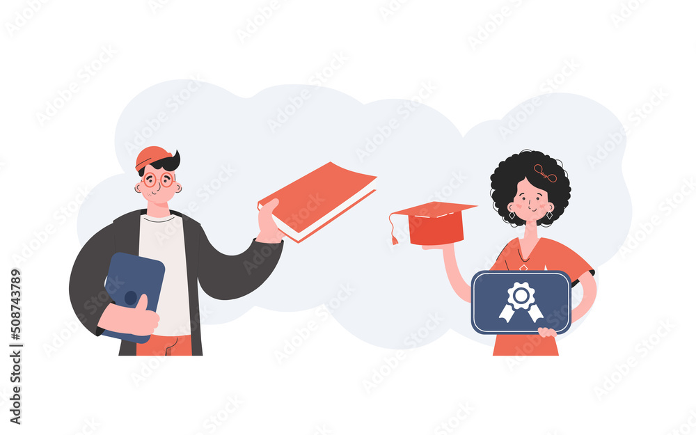 A man and a woman stand with a belt and hold a graduation hat. Education. Element for presentations, sites.
