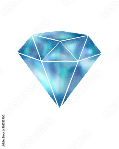 Watercolor of diamond crystal in blue colored gemstone. Hand drawn of jewelry decorative isolated in white background. Good for gift paper, wedding decor or card making.