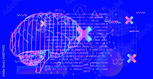 Abstract scientific background with 3D silhouette of the human brain and geometric figures.