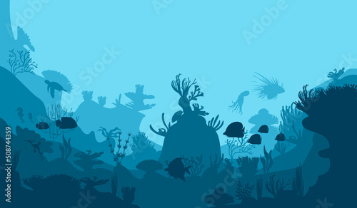 Obraz na plátne silhouette of coral reef with fish and divers on blue sea background underwater