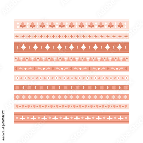 Borders collection with simple floral patterns, geometric ornament. Italian sicily art, Mexican talavera, Moroccan motifs, decorative tape prints for frame, fabric, cards. Vector background.