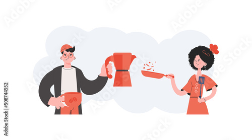 A man and a woman stand with a belt and hold a spatula and coffee bars. Coffee shop. Element for presentations, sites.