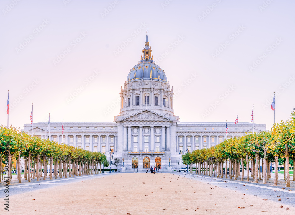 Sunset view of San Francisco City Hall, San Francisco, California, United States of America. Photo processed in pastel colors