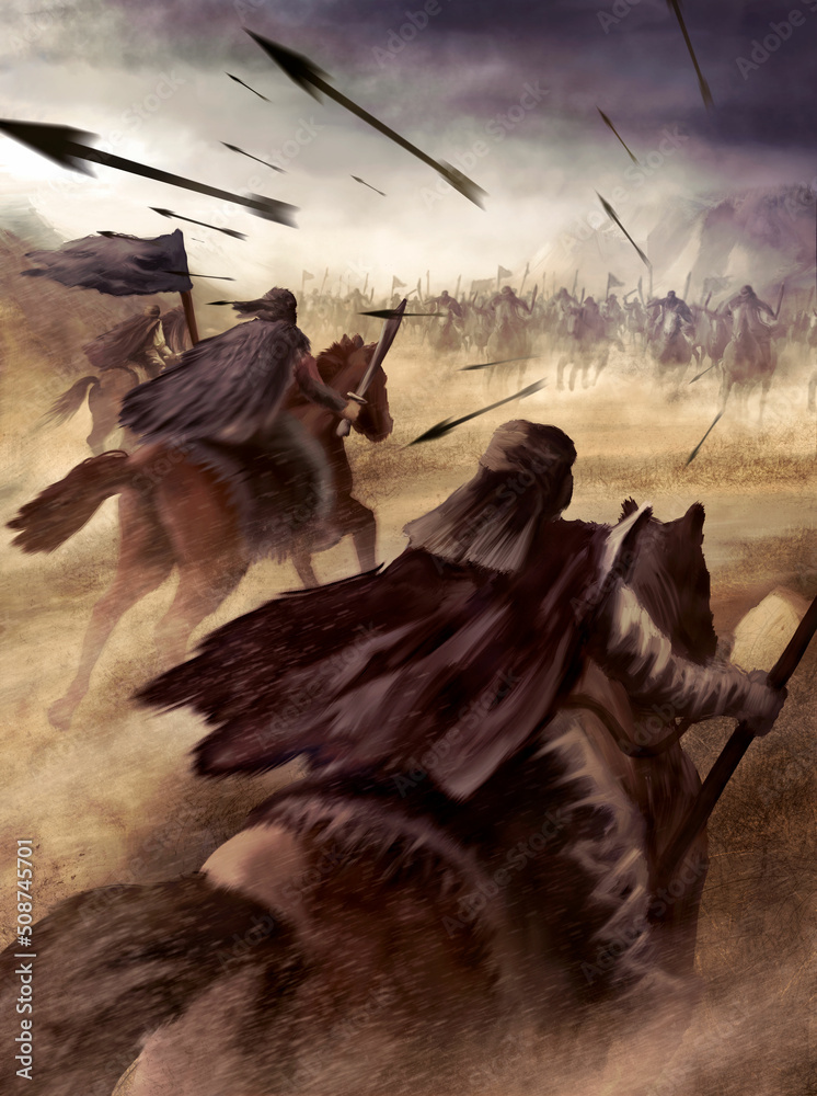 Arabic brave warriors gallop on horseback with a flag towards flying