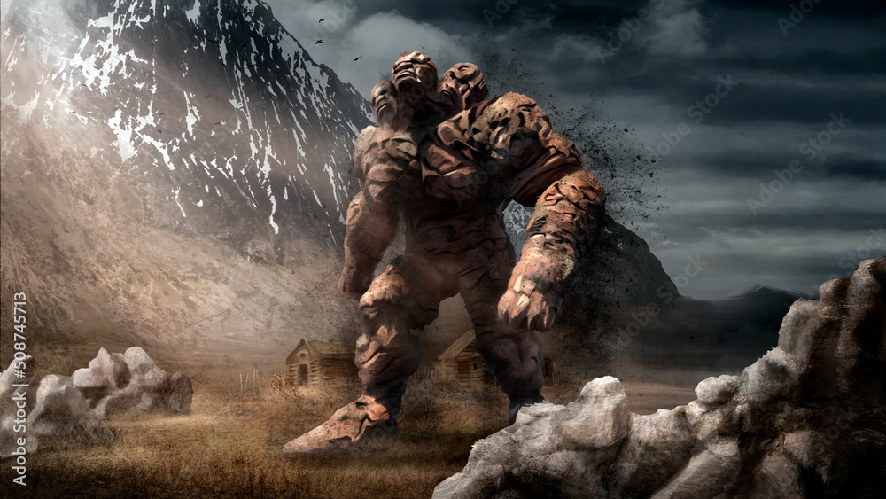 Clay golem with three heads and large arms in full growth under the sun's rays passes by abandoned houses and large mountains. A giant earth fantasy character under a gloomy sky with dark clouds.