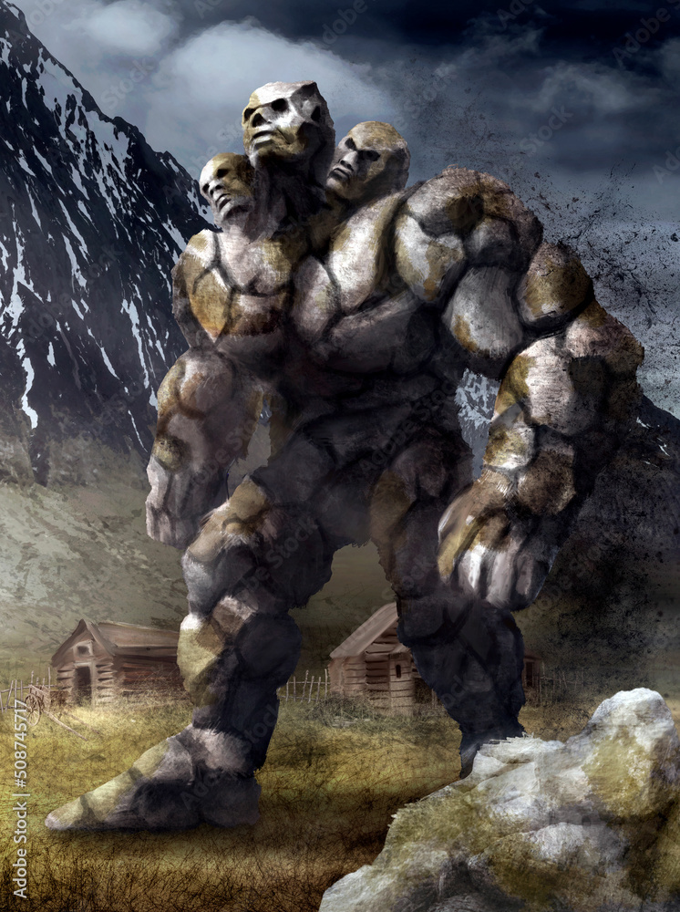 Rock golem with three heads and large arms in full growth under the sun ...