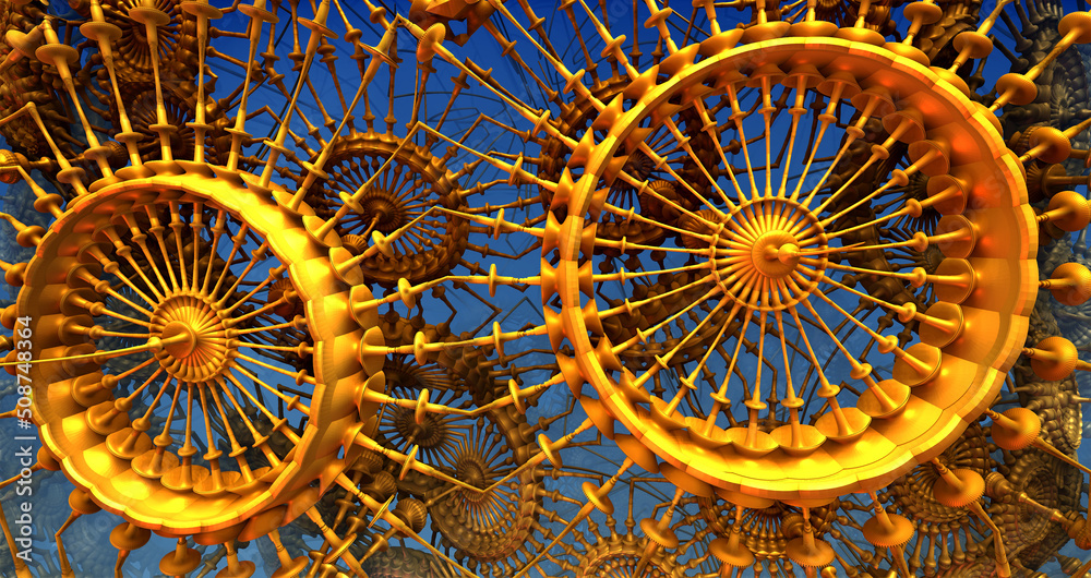 Gold construction and structures, abstract metallic fantastic shapes of ancient civilization architecture machinery