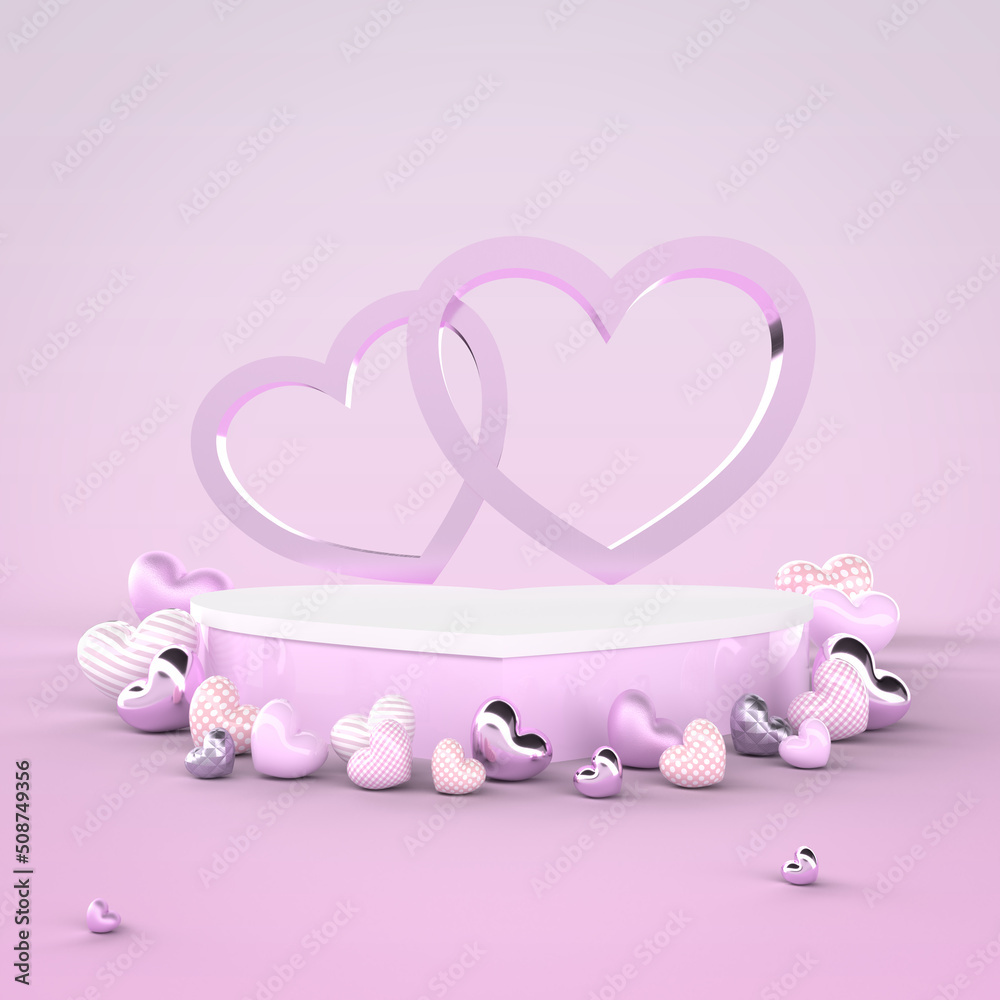 Heart-shaped luxury product display podium with lovely hearts on a pink background. 3D rendering.