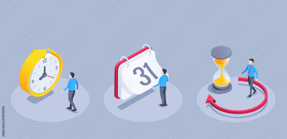 Fototapeta premium isometric vector illustration on a gray background, a man in business clothes next to a clock and a calendar, the passage of time or the beginning