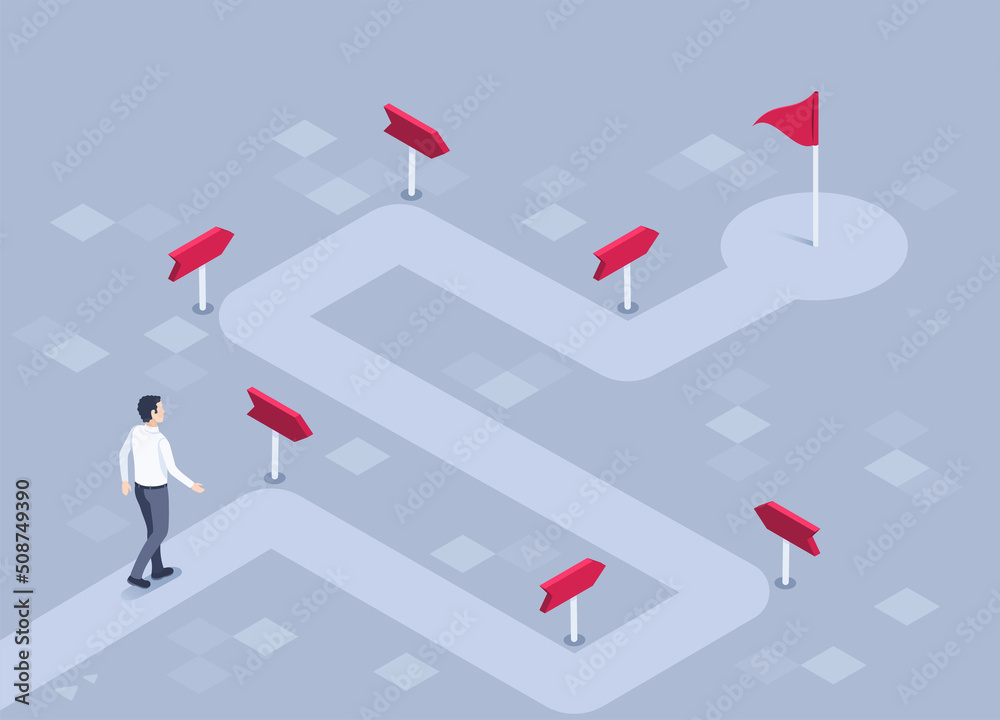 isometric vector illustration on a gray background, a man in business clothes walks along a winding path with pointers leading to a flag, a road or route to success
