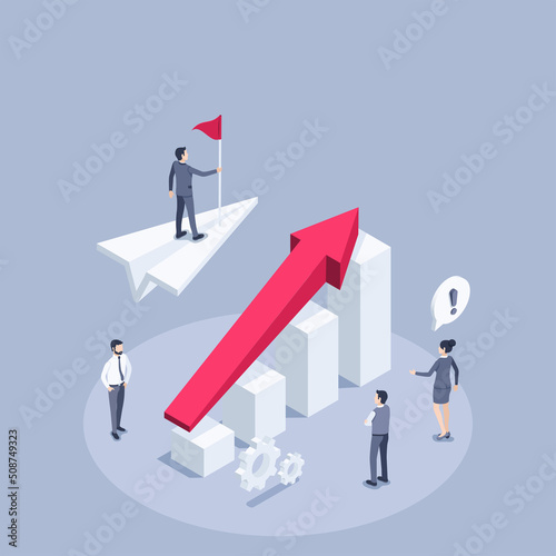 isometric vector illustration on a gray background, a man in a business suit with a flag flies on a paper plane over a chart with an arrow going up, achieving success