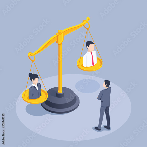 isometric vector illustration on a gray background, a man in a business suit looks at the scales on the bowls of which a man and a woman are compared, comparison and choice of an employee