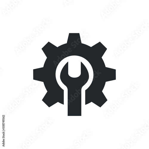 flat vector image isolated on white background, black icon of gear and wrench, tuning or repair