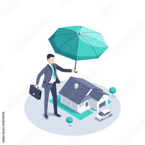 isometric vector illustration on a white background, a man in a business suit with an umbrella in his hand stands near a private house, home insurance