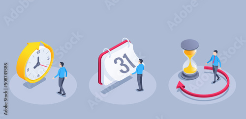 isometric vector illustration on a gray background, a man in business clothes next to a clock and a calendar, the passage of time or the beginning