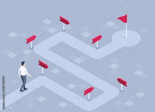isometric vector illustration on a gray background, a man in business clothes walks along a winding path with pointers leading to a flag, a road or route to success photo