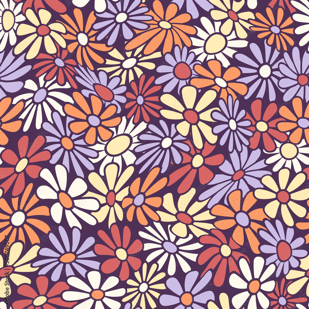 Nostalgic retro 70s groovy print. Hippie style vector seamless pattern.Vintage floral background. Textile and surface design in old fashioned colors Nostalgic retro 70s groovy print. Hippie style vector seamless pattern.Vintage floral background. Textile and surface design in old fashioned colors