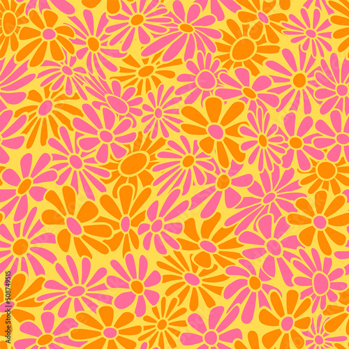 Nostalgic retro 70s groovy print. Hippie style vector seamless pattern.Vintage floral background. Textile and surface design in old fashioned colors