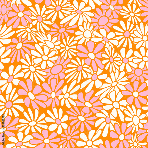 Nostalgic retro 70s groovy print. Hippie style vector seamless pattern.Vintage floral background. Textile and surface design in old fashioned colors