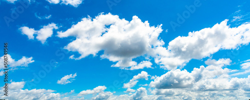 Panorama blue sky with white soft clouds. landscape image of blue sky and thin clouds. © Mohwet