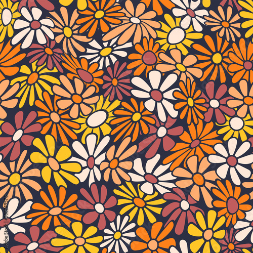 Nostalgic retro 70s groovy print. Hippie style vector seamless pattern.Vintage floral background. Textile and surface design in old fashioned colors