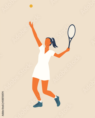 Colorful female tennis player illustration. Flat style digital design element. Simple vector illustration with woman playing tennis in white clothes © Evgeniya Khudyakova