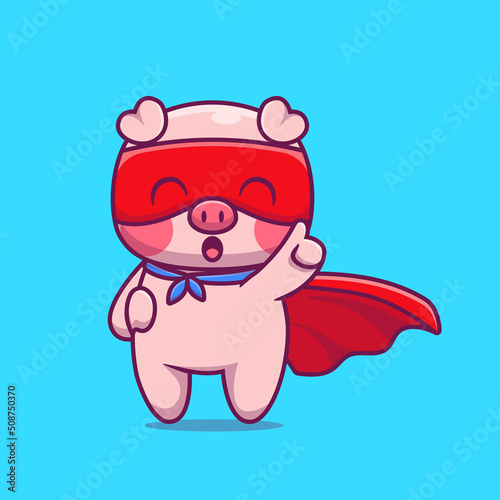 Cute Pig Super Hero Cartoon Vector Icon Illustration. Animal Hero Icon Concept Isolated Premium Vector. Flat Cartoon Style