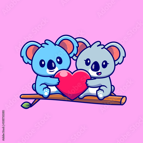 Cute Koala Couple Holding Heart On Tree Cartoon Vector Icon Illustration. Animal Couple Icon Concept Isolated Premium Vector. Flat Cartoon Style