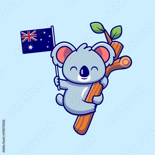Photography Cute Koala Hanging On Tree And Holding Australian Flag Cartoon Vector Icon Illustration