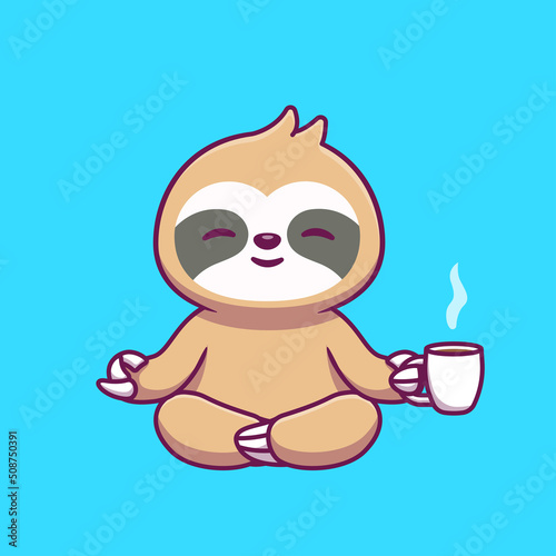 Cute Sloth Yoga Holding Coffee Cartoon Vector Icon Illustration. Animal Food And Drink Icon Concept Isolated Premium Vector. Flat Cartoon Style