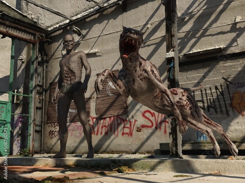 Leinwand Poster Zombie mit Dobermann, Hund, altes Gebäude, 3d Rendering, Mumie, Zombiehund