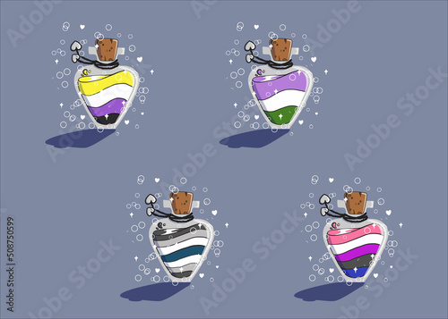 set of elixir, potion bottle designs of gender pride flags. nonbinary, genderqueer, genderfluid, gray gender hand-drawn fantasy bottles