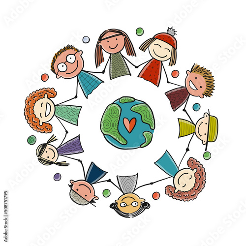 International Day of Earth. Children Holding Hands together.