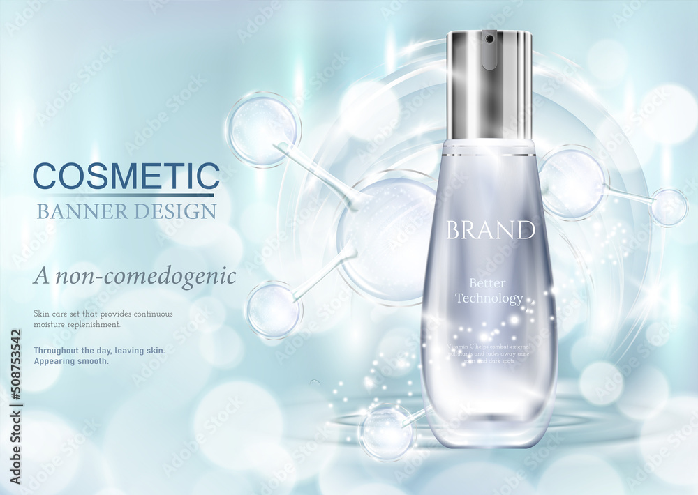 Beauty cosmetic ads. Glass product with water in atom molecule. Cosmetics bottles mockup banner. Realistic 3d vector Beauty cosmetic ads. Glass product with water in atom molecule. Cosmetics bottles mockup banner. Realistic 3d vector
