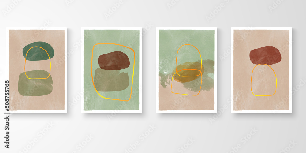 Set of wall art. Watercolor modern art drawing with abstract organic gold color shape composition. Various Curve isolated vector illustrations.