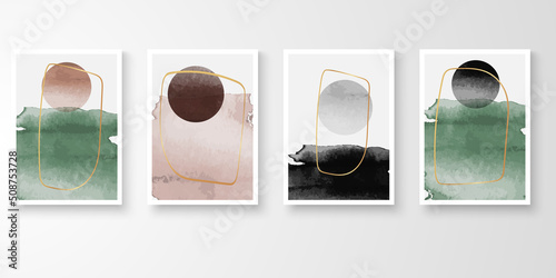 Set of wall art. Watercolor modern art drawing with abstract organic gold color shape composition. Various Curve isolated vector illustrations.