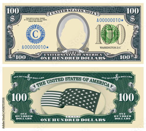 Fictional template obverse and reverse of US paper money. One hundred dollars banknote. Empty oval, stars-striped flag and guilloche frames. Franklin