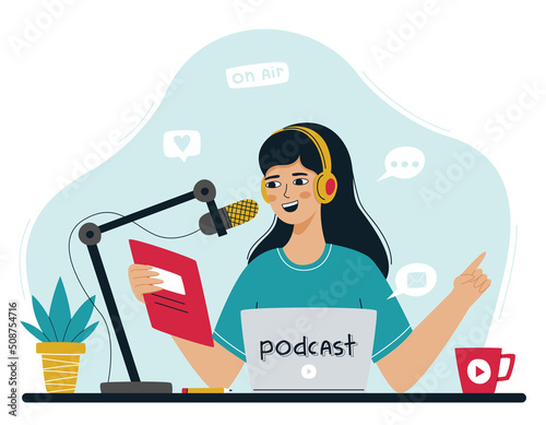 The girl reads the news, speaks into the microphone, hosts a podcast or online show. A woman in studio is recording a podcast. The concept of podcasting, blogging, radio broadcast. Vector illustration