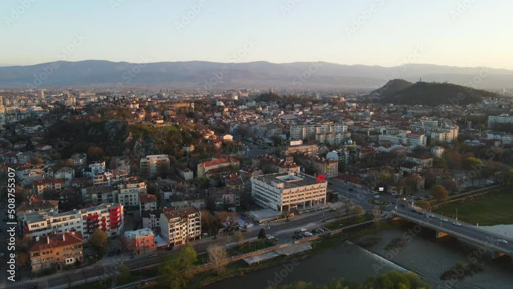 Amazing Aerial view of Maritsa river and panorama to City of Plovdiv, Bulgaria Amazing Aerial view of Maritsa river and panorama to City of Plovdiv, Bulgaria