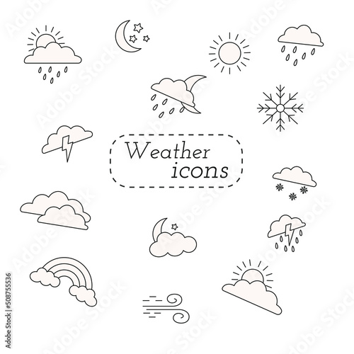 weather icons. clouds, sun, moon, rain. black and white