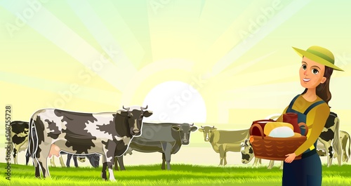 Girl farmer with basket. Cows are grazing. Rural landscape hills. Green pasture grass. Summer view. Farm milk and dairy products. Cartoon flat style design. Vector