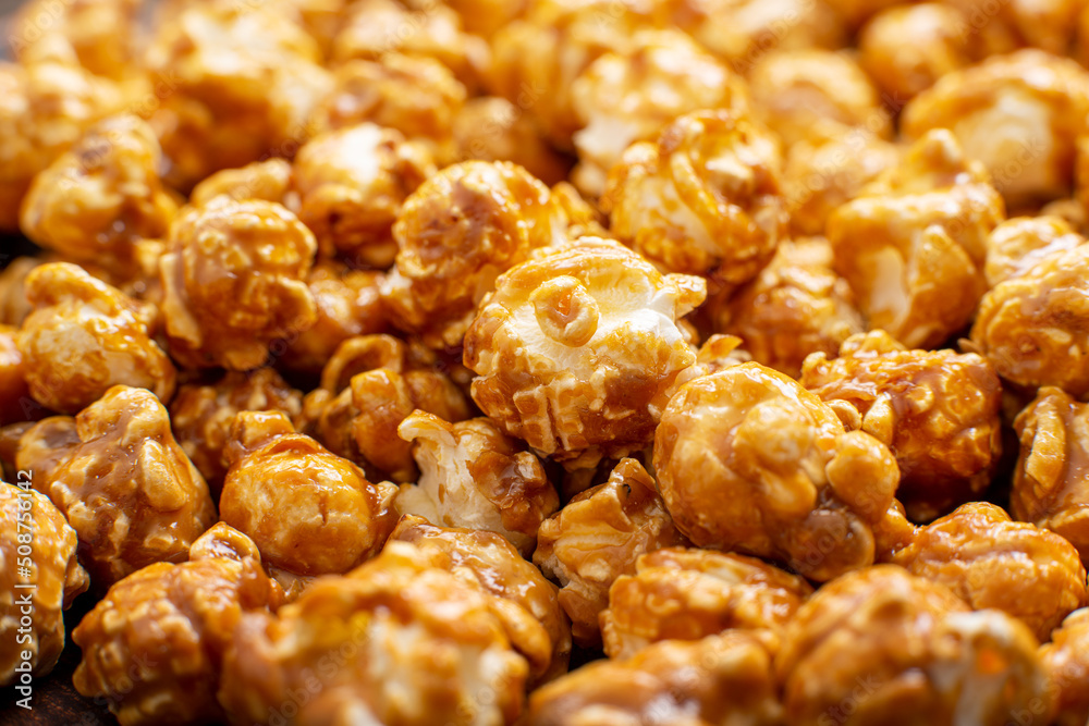 Caramelized sweet popcorn flakes gluten free food background