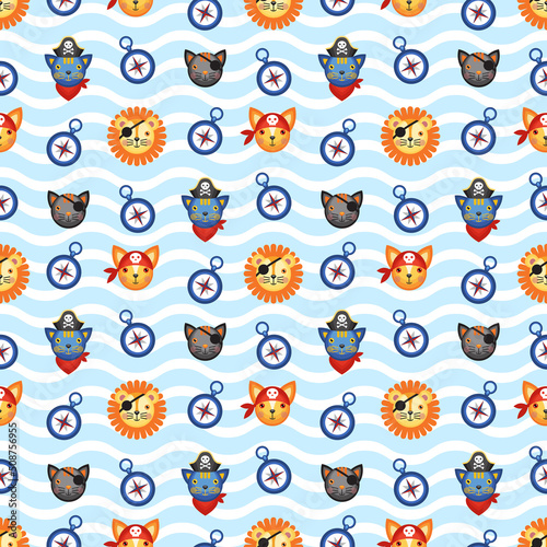 Seamless cartoon pattern on the theme of pirates on a striped background. Children's vector pattern. Children's holiday, kids' party, games, baby shower.