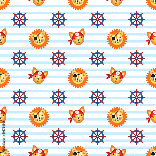 Seamless cartoon pattern on the theme of pirates on a striped background. Children's vector pattern. Children's holiday, kids' party, games, baby shower.