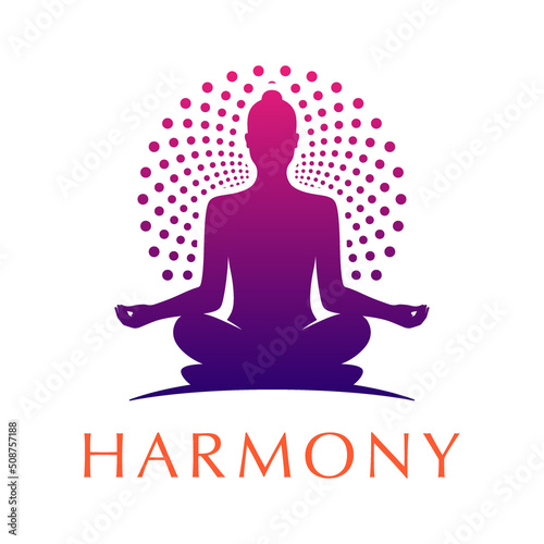 Yoga studio logo of a woman in a padmasana pose with a round ornamental halo. Meditating female in a zen condition vector logotype. photo