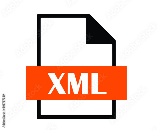 Filename extension icon XML extensible Markup Language file format created in flat style. The sign depicts a white sheet of paper with a curved corner and a colored rectangle with the name of the file photo