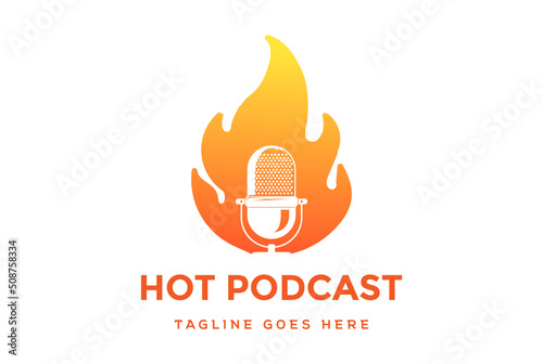 Modern Simple Orange Fire Flame with Mic Microphone for Podcast Radio Recording Studio Logo Design Vector