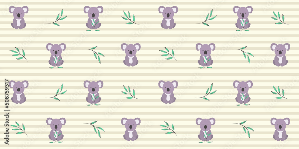 Cute koala with eucalyptus twigs on a beige striped background. Endless texture with adorable Australian animal. Vector seamless pattern for cover, wrapping paper, surface texture, printing on clothes